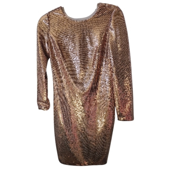 Calvin Klein Sequin Long-Sleeve Mini Dress - Rose Gold Size 4 - Picture 2 of 9
